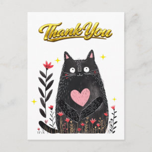 Carte Postale Aquarelle Chat Noir Floral avec Cœur Merci