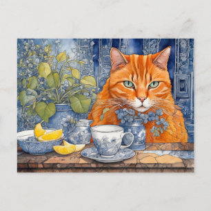 Carte Postale Aquarelle Chat orange avec thé au citron