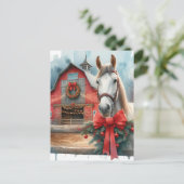 Carte Postale Aquarelle Cheval blanc et ferme festive Noël (Debout devant)