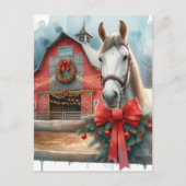 Carte Postale Aquarelle Cheval blanc et ferme festive Noël (Devant)