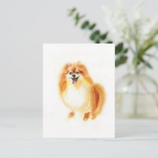 Carte Postale Aquarelle Chien de Poméranie. (Debout devant)