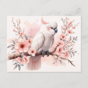 Carte Postale Aquarelle Cockatoo et Fleurs roses