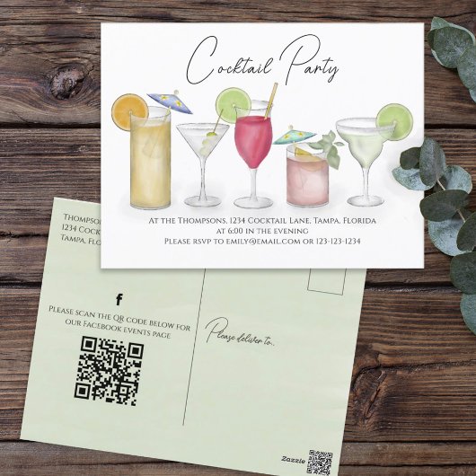 Carte Postale Aquarelle Cocktail Boissons QR Code Social Media