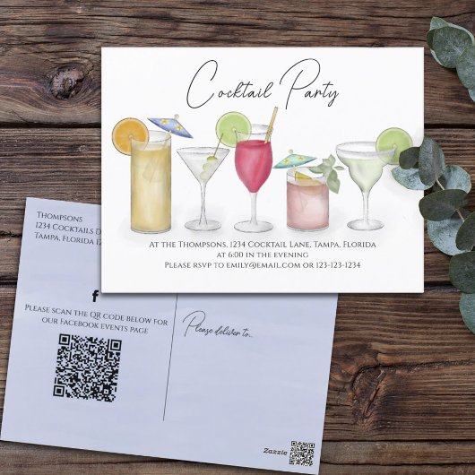 Carte Postale Aquarelle Cocktail Boissons QR Code Social Media