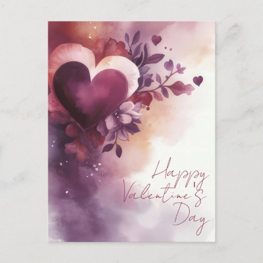 Carte Postale Aquarelle Coeurs et fleurs Salutation de Valentine (Devant)