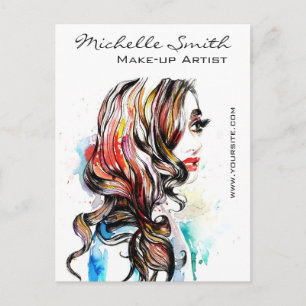 Carte Postale Aquarelle coloré coiffure ondulé maquillage cheveu