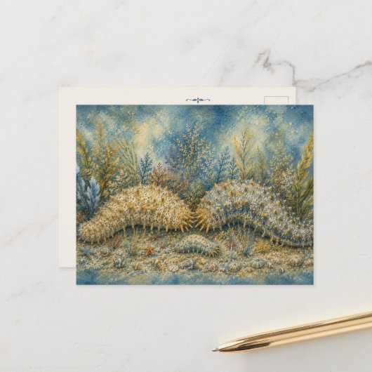 Carte postale aquarelle Concombre de mer Océan (Devant/Arrière en situation)