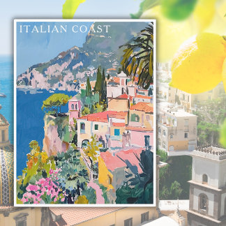 Carte Postale Aquarelle Côte italienne Italie Paysage