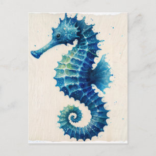 Carte postale aquarelle côtière Hippocampe bleu