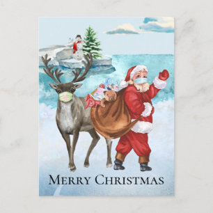 Carte Postale Aquarelle Covid Père Noël Reindeer 2021 Noël