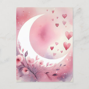 Carte Postale Aquarelle Crescent Lune, Coeurs, Fleurs de cerisie