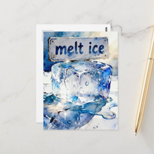 Carte Postale Aquarelle cubes de glace en train de fondre (Devant/Arrière en situation)