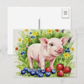 Carte postale Aquarelle Cute Pig Young Animaux (Devant / Derrière)