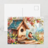 Carte Postale Aquarelle d'alimentation d'oiseaux Art Floral (Devant / Derrière)