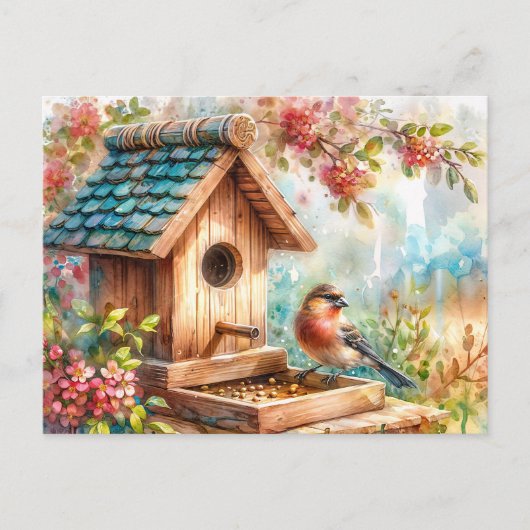 Carte Postale Aquarelle d'alimentation d'oiseaux Art Floral (Devant)