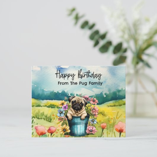 Carte Postale Aquarelle d'anniversaire Pug dans les fleurs sauva (Debout devant)