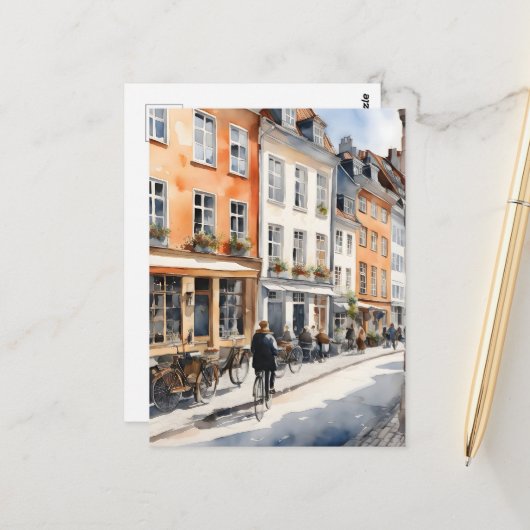 Carte Postale Aquarelle de Copenhague (Devant/Arrière en situation)