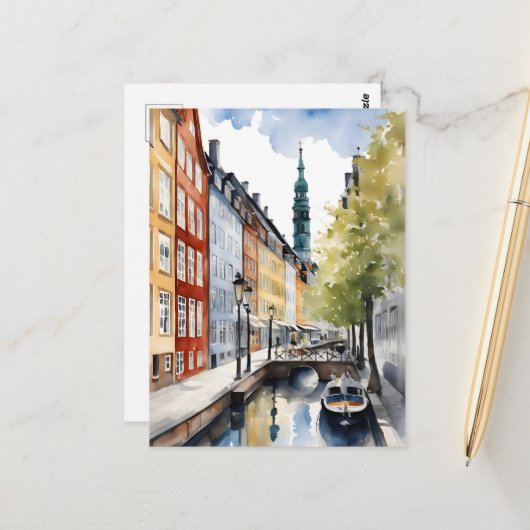 Carte Postale Aquarelle de Copenhague (Devant/Arrière en situation)