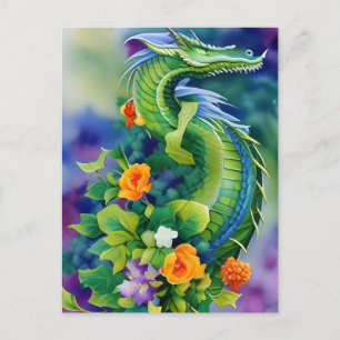 Carte Postale Aquarelle de dragon de fleurs