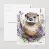 Carte Postale Aquarelle de fleurs pourpres et otter (Devant / Derrière)