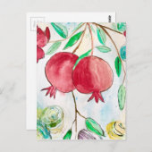 Carte Postale Aquarelle de fruits de grenade rouge et vert (Devant / Derrière)