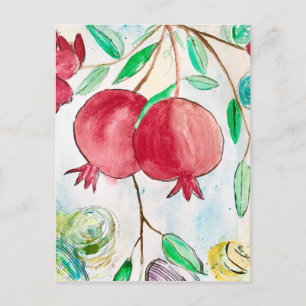 Carte Postale Aquarelle de fruits de grenade rouge et vert