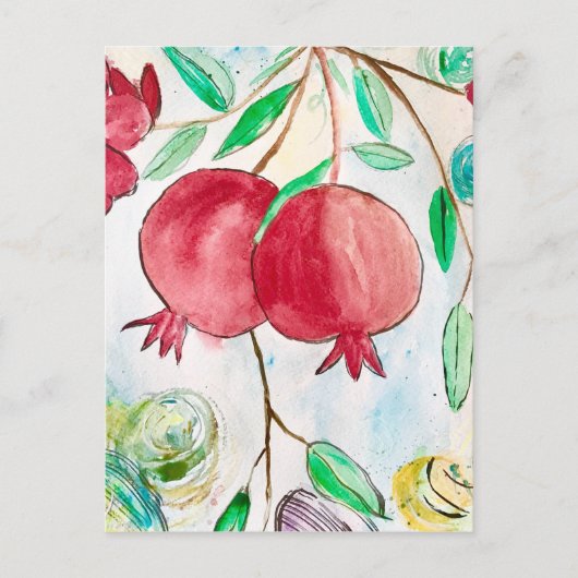 Carte Postale Aquarelle de fruits de grenade rouge et vert (Devant)