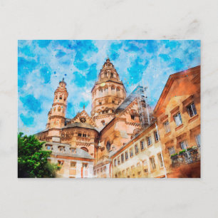 Carte Postale Aquarelle de la cathédrale de Mayence en Allemagne