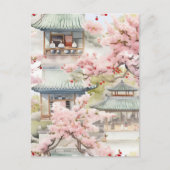 Carte Postale Aquarelle de la pagode asiatique au milieu des fle (Devant)