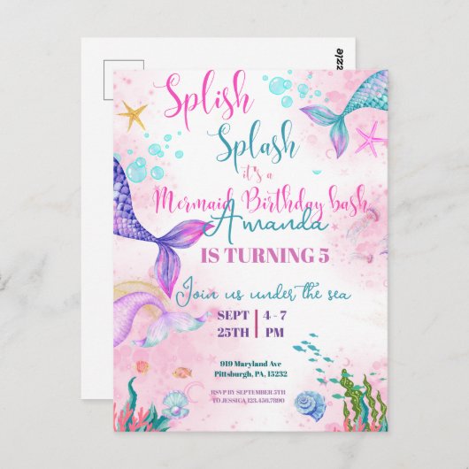 Carte Postale Aquarelle de la queue de sirène Anniversaire sous  (Devant / Derrière)