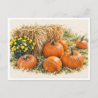Carte postale aquarelle de la récolte de citrouill
