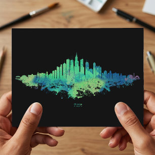 Carte Postale Aquarelle de la skyline de Chicago Bleu Vert Art d