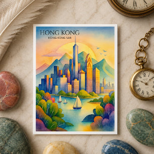 Carte postale aquarelle de la skyline de Hong Kong