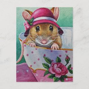 Carte Postale Aquarelle de la souris à thé Whimssical rose Bonne