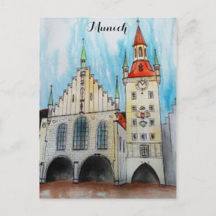 Carte Postale Aquarelle de l'hôtel de ville de Munich Allemagne