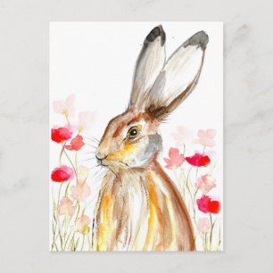 Carte Postale Aquarelle de lièvre animal mignon lapin bois
