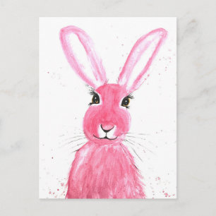Carte Postale Aquarelle de lièvre animal mignon lapin boisé Pink