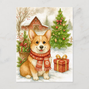 Carte postale aquarelle de Noël Corgi à la ferme