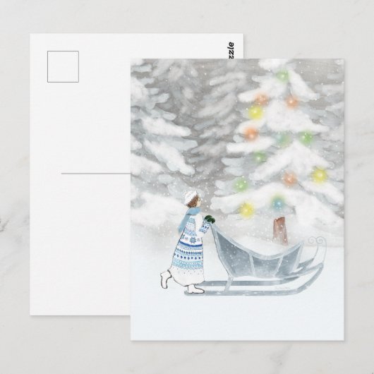 Carte Postale Aquarelle de Noël Festive de neige de Mme Winter (Devant / Derrière)