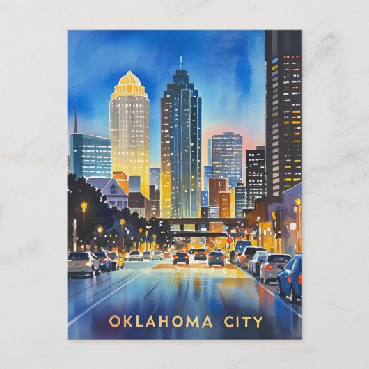 Carte Postale Aquarelle de nuit de Oklahoma City (Devant)