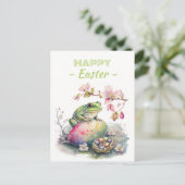 Carte Postale Aquarelle de Pâques Grenouille verte Oeufs et fleu (Debout devant)