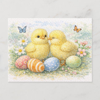 Carte postale aquarelle de poussins de Pâques mign