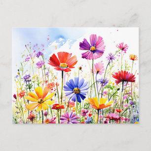 Carte Postale Aquarelle de prairie de fleurs sauvages colorées