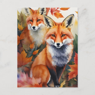 Carte Postale Aquarelle de renards d'automne