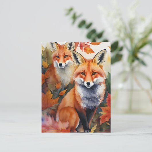 Carte Postale Aquarelle de renards d'automne (Debout devant)