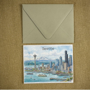 Carte Postale Aquarelle de Seattle, Washington, voyage, silhouet
