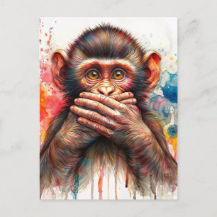 Carte Postale Aquarelle de singe parler pas d'art malin
