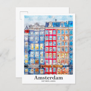 Carte Postale Aquarelle de voyage Amsterdam Pays-Bas tirée à la 