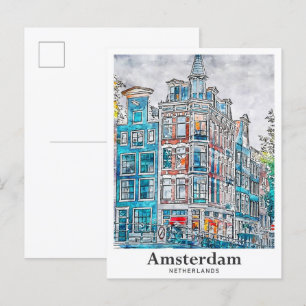Carte Postale Aquarelle de voyage Amsterdam Pays-Bas tirée à la