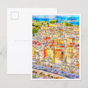 Carte Postale Aquarelle de voyage Vintage Menton France